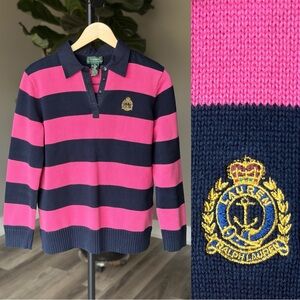 Lauren Ralph Lauren Pink Navy Striped Collared Rugby Long Sleeve Sweater Shirt